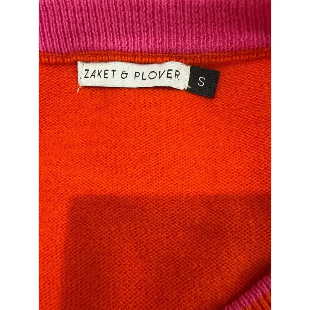 Zaket & Plover Cashmere Cotton Sweater Small Orange V-Neck Colorblock Accent